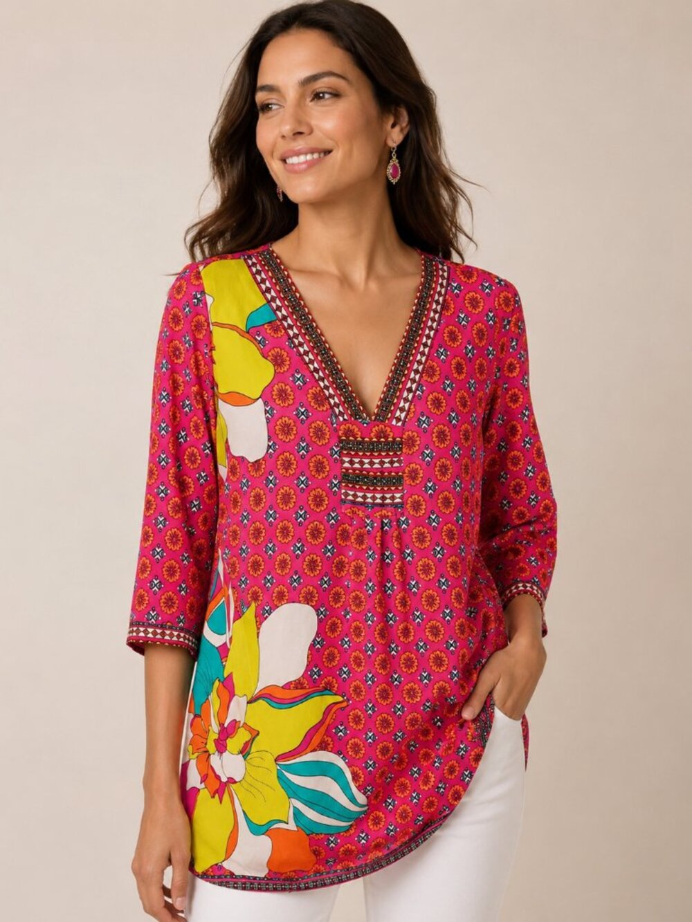 White Mark Couture Pink Floral Geometric V-Neck Tunic Blouse 3/4 Sleeve Boho